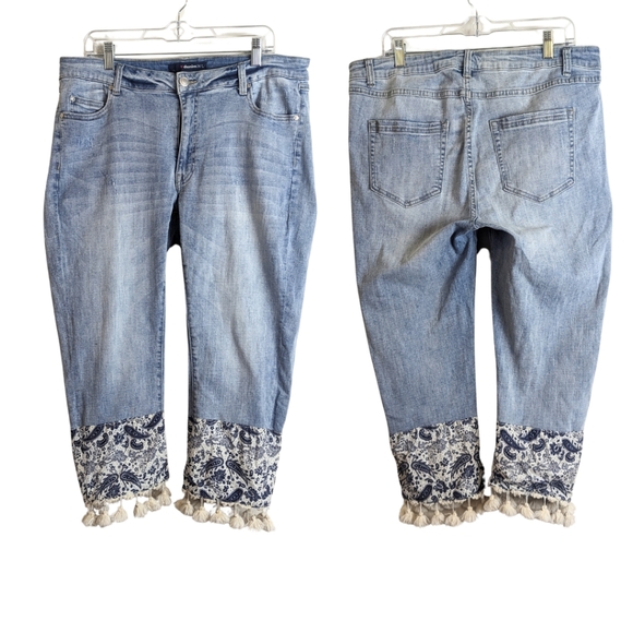 Denim 24/7 Denim - 24/7 Denim High-Waisted Boho Paisley & Tassel Capri Jeans Women's Size 16 W